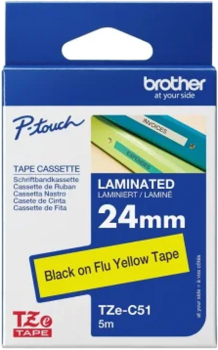 Brother P-Touch TZE-C51 Fosforlu Sarı Üzerine Siyah Laminasyonlu Etiket 24mm x 8mm